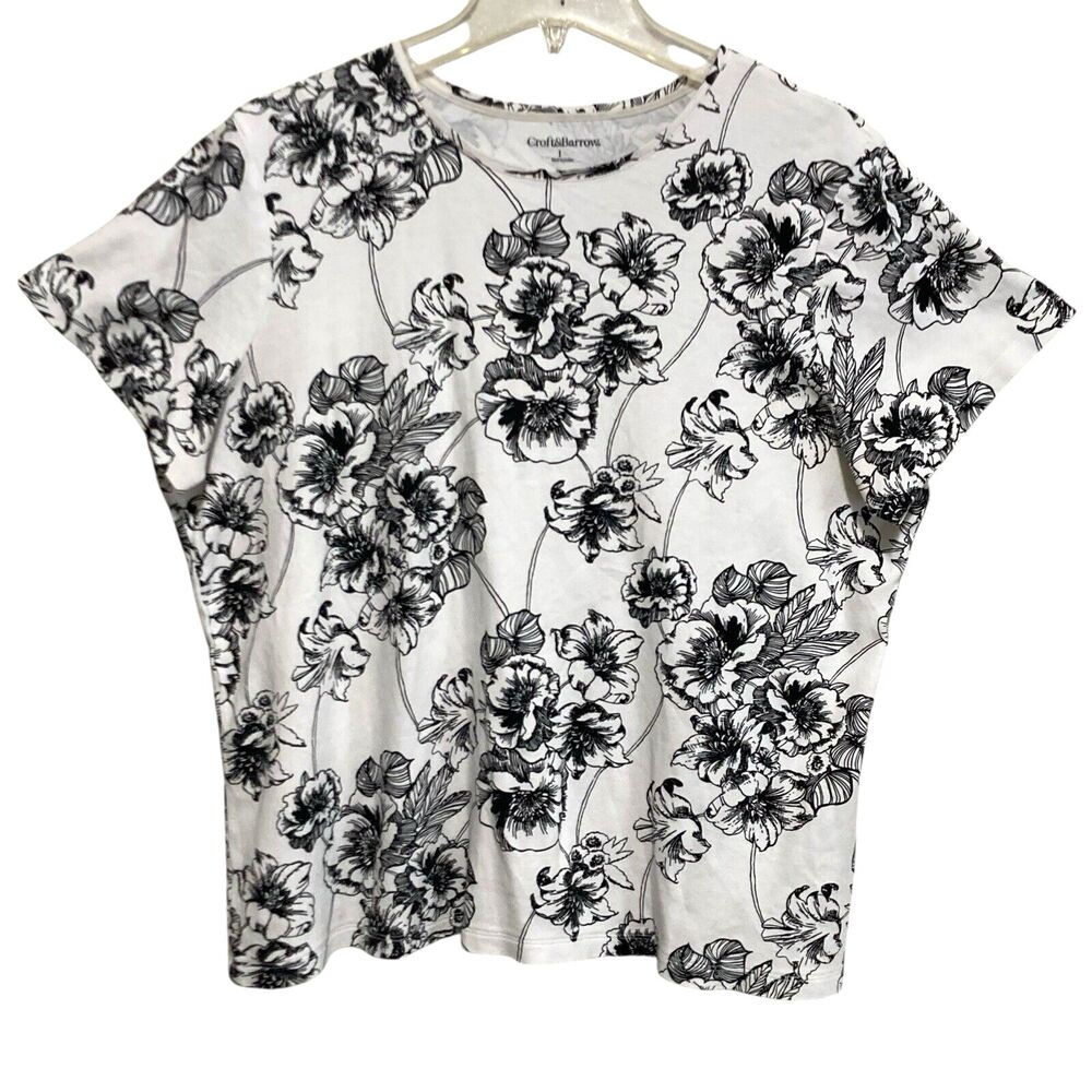 Croft & Barrow Top Women's Size XL White Black Floral Short Sleeve Knit Tee